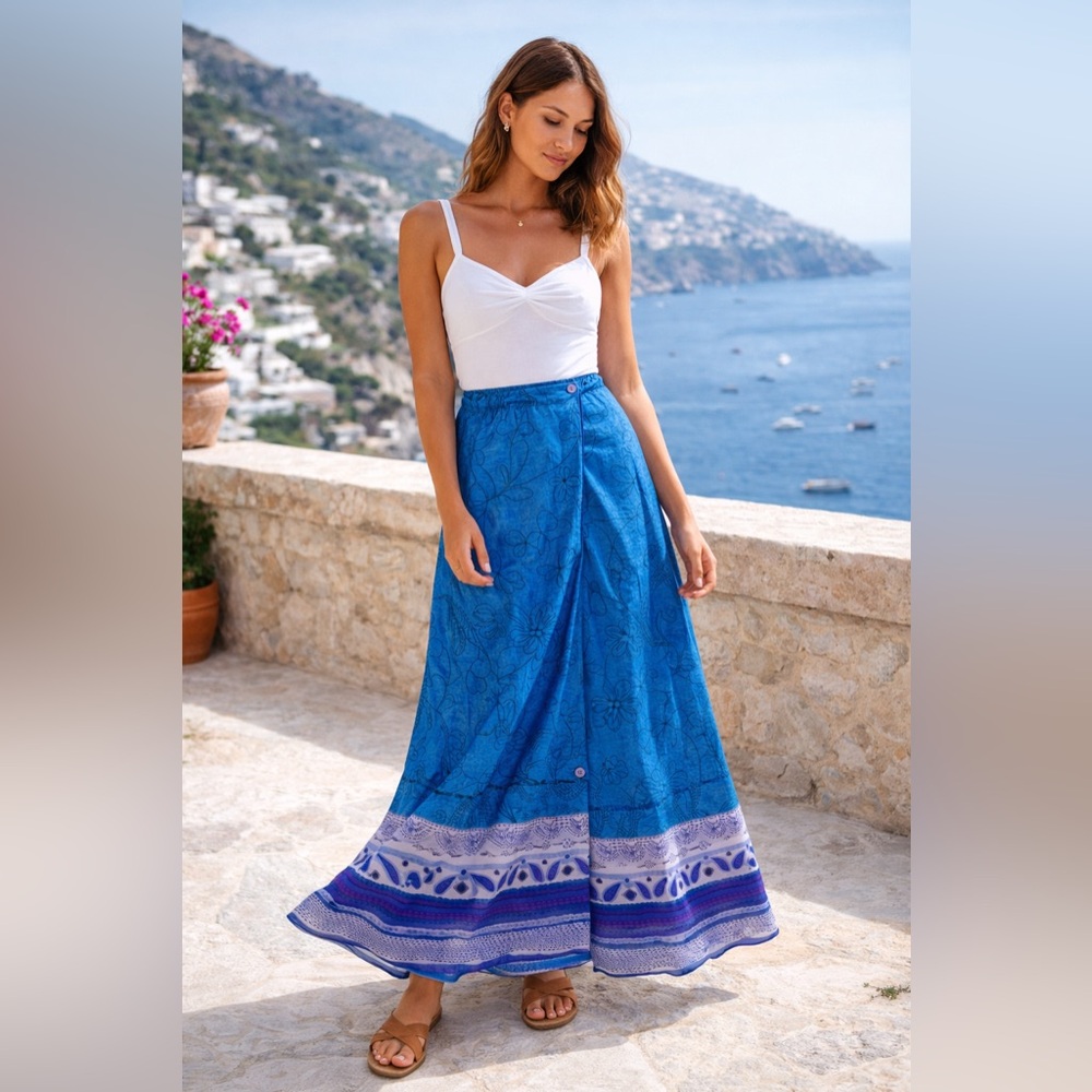 Mix Nouveau Blue Floral Wrap Maxi Skirt Size M - Picture 2 of 14